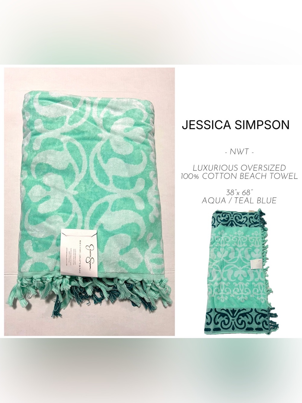 🆕JESSICA SIMPSON - NWT - AQUA / TEAL BLUE LUXURIOUS OVERSIZED COTTON BEACH TOWEL